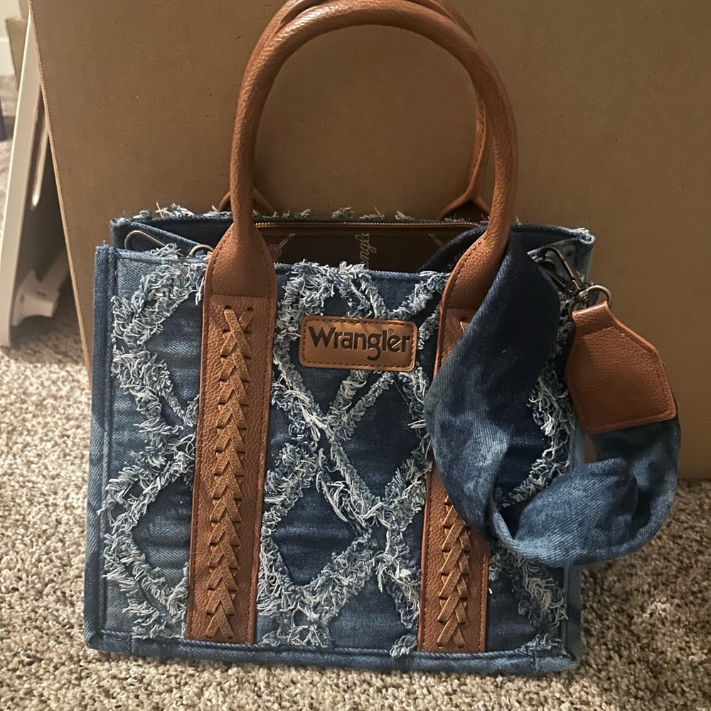 Wrangler Distressed Denim and Tan Leather Tote